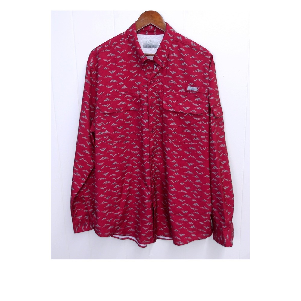 Ocean Coast Men's Button‎ Down Shirt Burgundy Mountain Print Lg / #1056